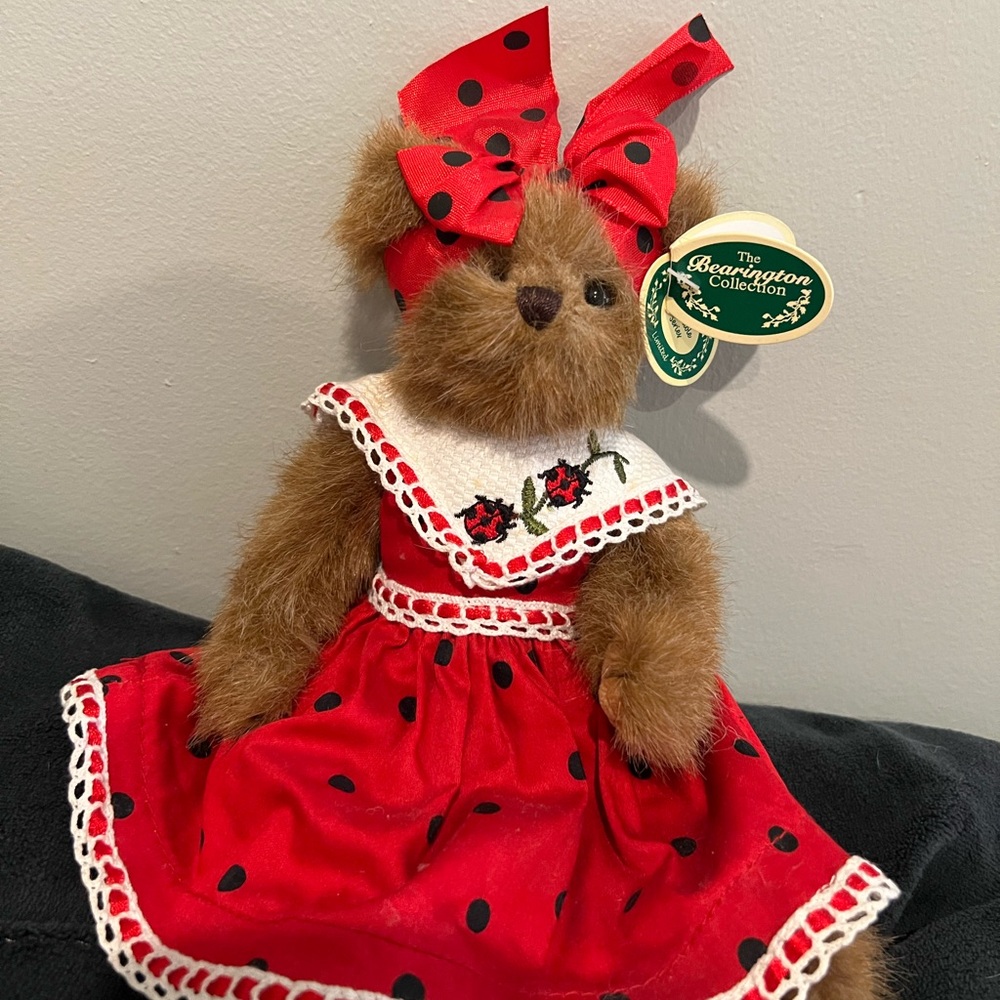 The Bearington Collection Plush Teddy in Red Polka Dot Lady Bug Dress